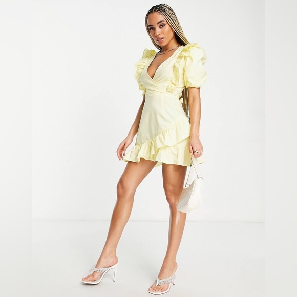 NWT Missguided Ruffle Wrap Poplin Puff Sleeve Plunging V-Neck Dress Lemon Yellow - Picture 4 of 11